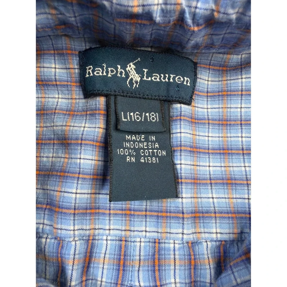 Ralph Lauren Boys Blue Orange Plaid‎ Short Sleeve Button Down Shirt Size L 16/18